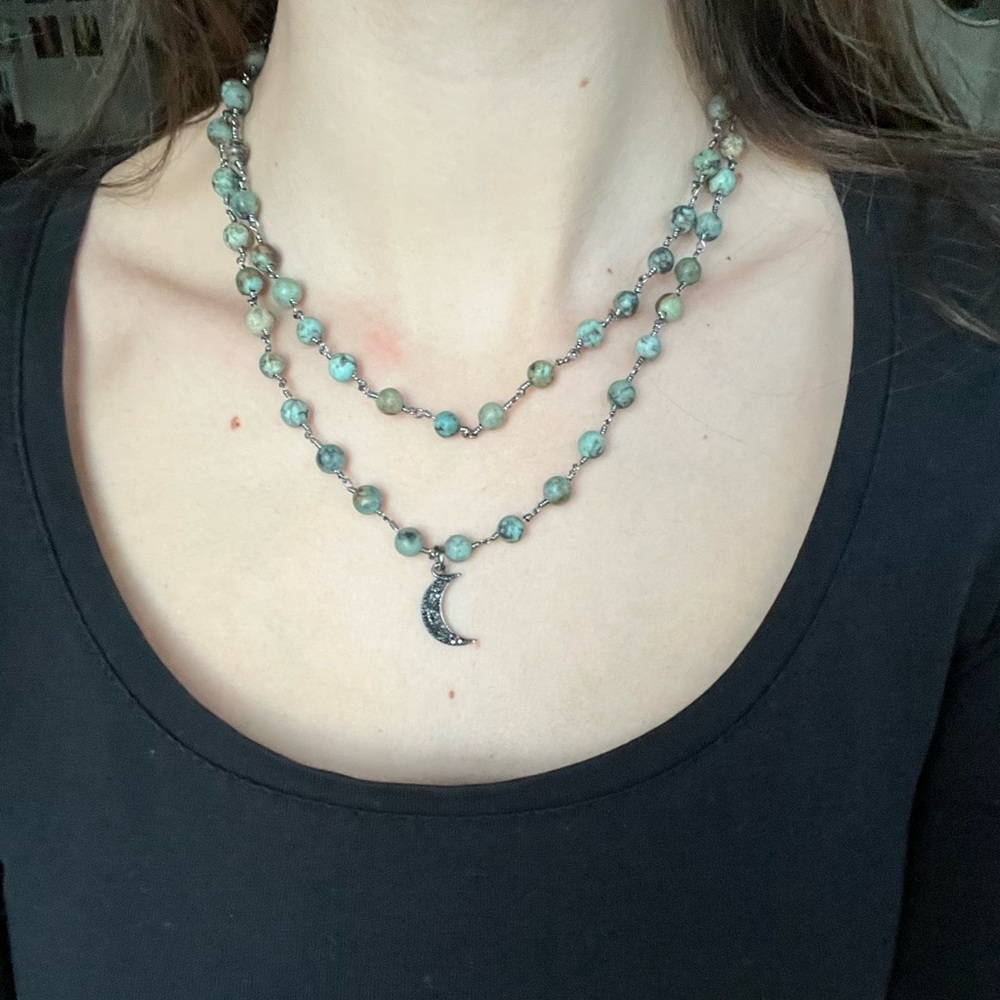 raw & rebellious green double layered necklace with moon pendant